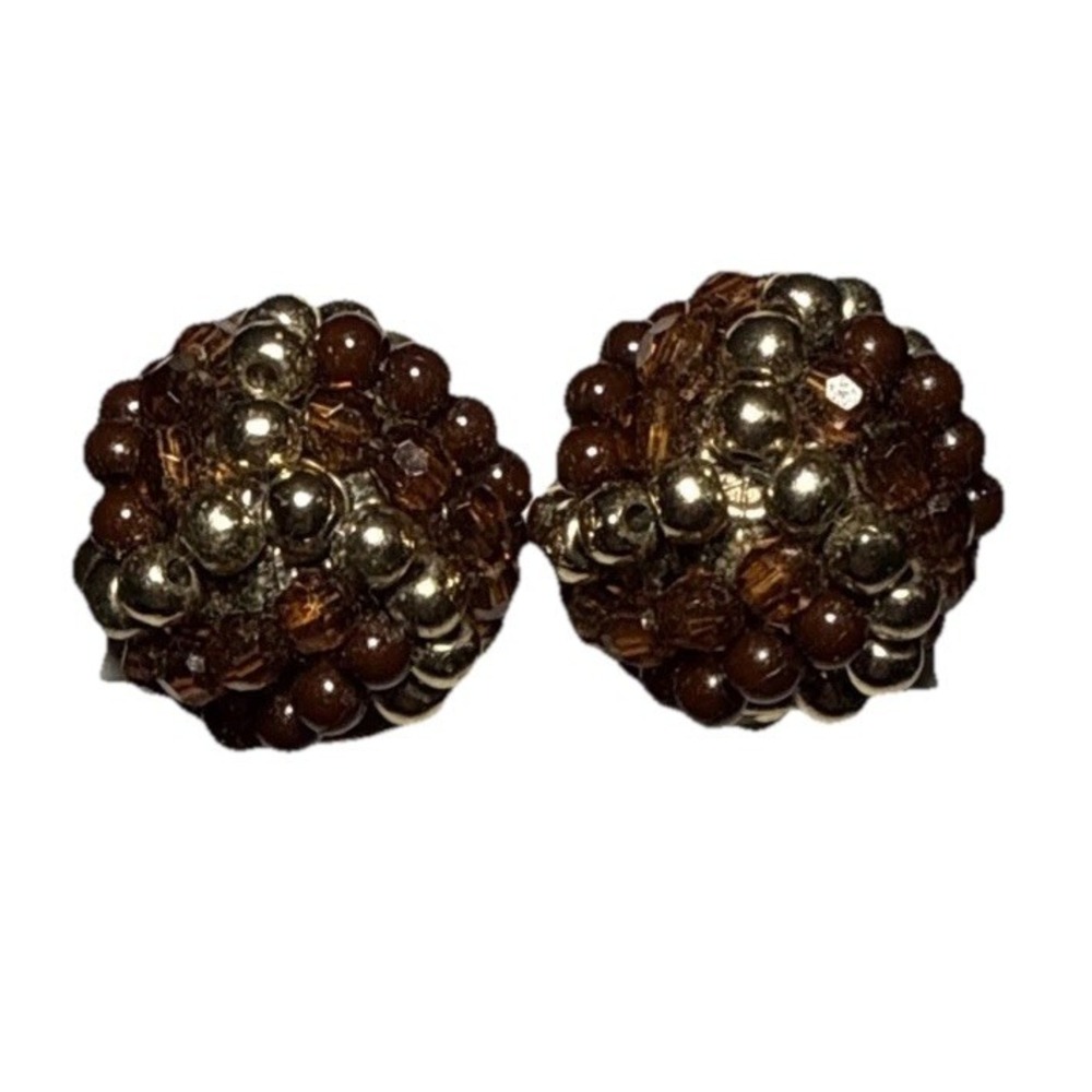 Vintage‎ Gold Tone and Bronze Tone Beaded Cluster Clip On Earrings J19-43
